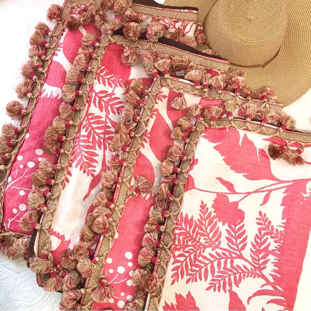 Set of 4 Large Botanical Tassel Accent Pillow Covers Coastal Decor 24” x 24”